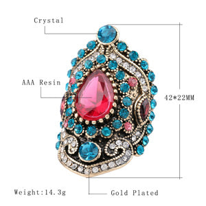 Hot Pink Big Vintage Wedding Rings For Women Color Gold Mosaic Blue Crystal Fashion Turkey Jewelry Love Gift Size 7-12