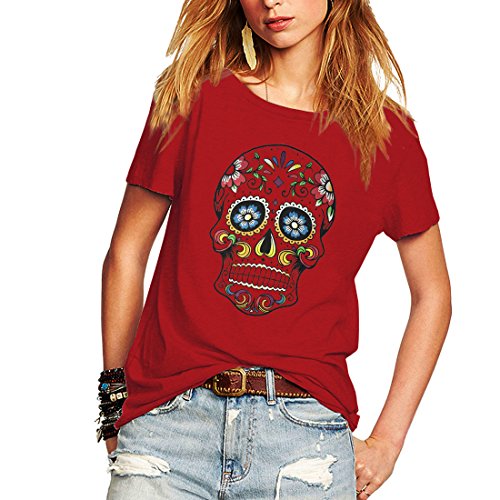 Woman T Shirt Floral Skull Contrast Color Junior Tops Tee Punk Street Style Lady Shirt