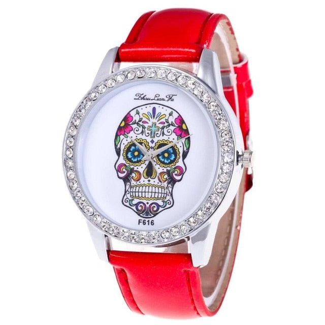 Diamond Leather Analog Wrist Skull Head Watch