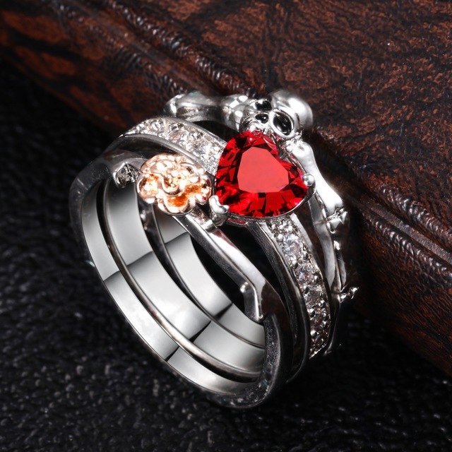 Wedding Love Gift Skull Heart CZ Crystal Rose Flowers Ring Set Silver Color Rings