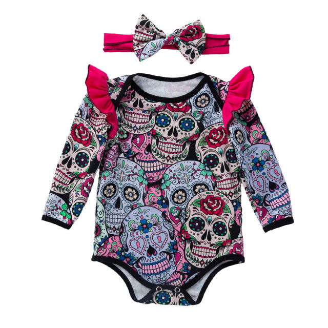 Baby Floral Girls Long Sleeve Sugar Skull Romper Jumpsuit