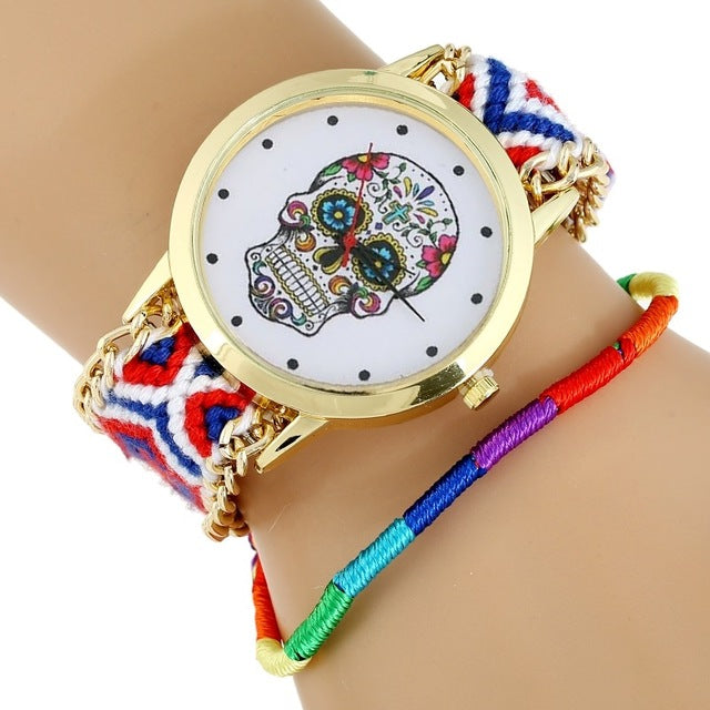 Women Watch Sugar Skull woman dress wristwatch Fashion Hippie Fabric Bracelet Skeleton reloj dama Geneva Style