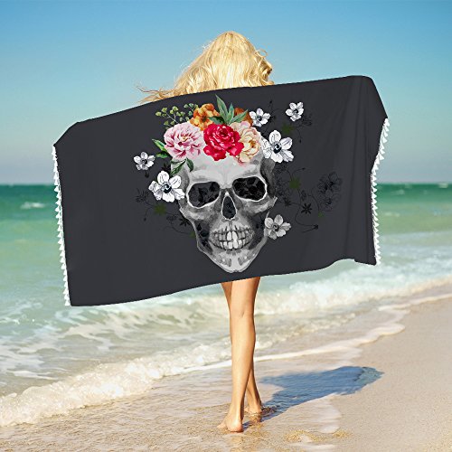 Sleepwish Skull Bathroom Towels Skull Flower Beach Towel with Tassels Super Soft Boys Girls Yoga Mat Towel 1 Piece (Red, 30"x60")