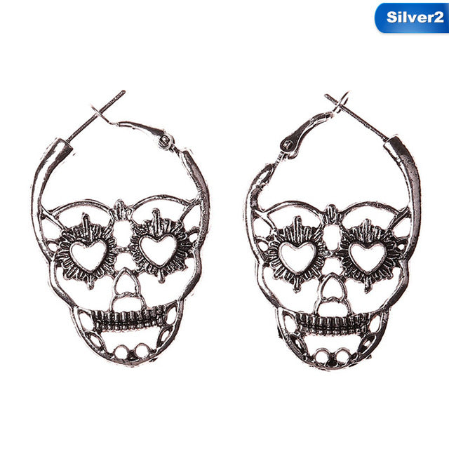 Vintage Antique Silver Color Love Heart Eyes Skull Hoop Earrings for Women Punk Party Skeleton Jewelry mujer moda
