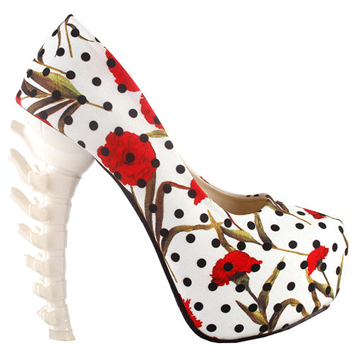 Beige Skull Rose Print Platform Bone Heel Party Club Pumps