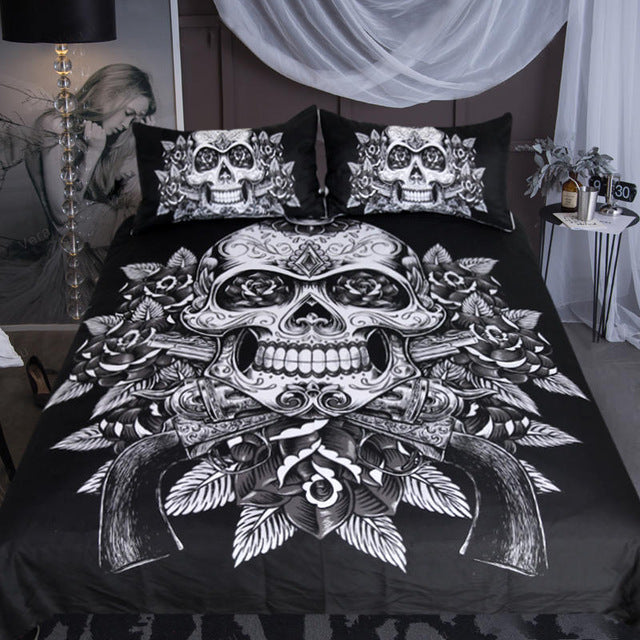 Floral Skull Bedding Set King Vintage Duvet Cover 3 Pieces Sugar Skull Bedclothes Flowers Black White Bed Set