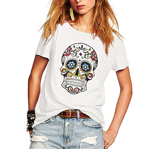 Woman T Shirt Floral Skull Contrast Color Junior Tops Tee Punk Street Style Lady Shirt