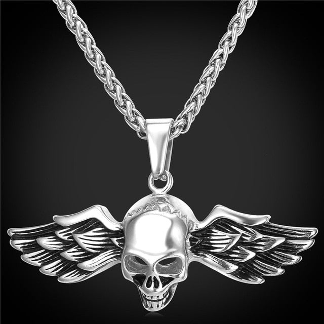 Skull Necklace Pendant Gothic Occult Wing Jewelry