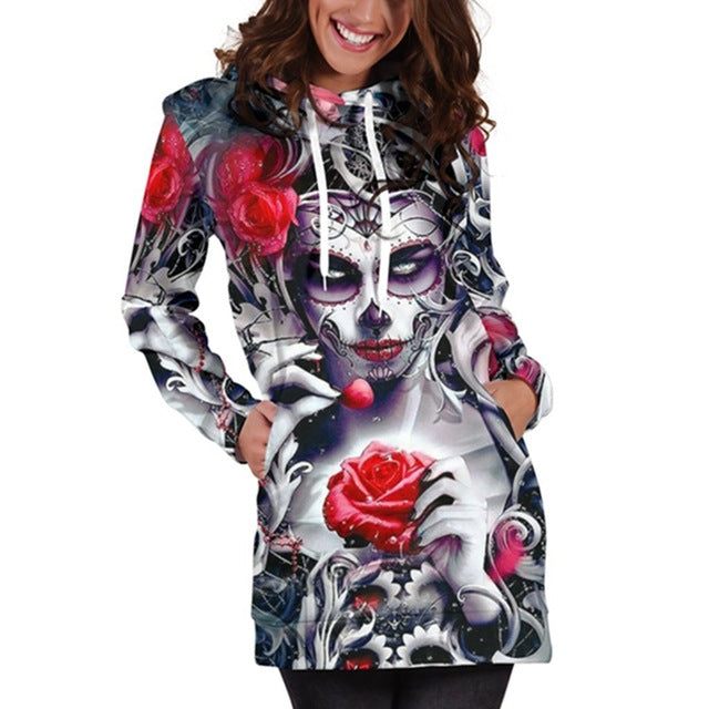 Skull Long Sleeve Bodycon Women Mini Dress Rose Floral Hoodies