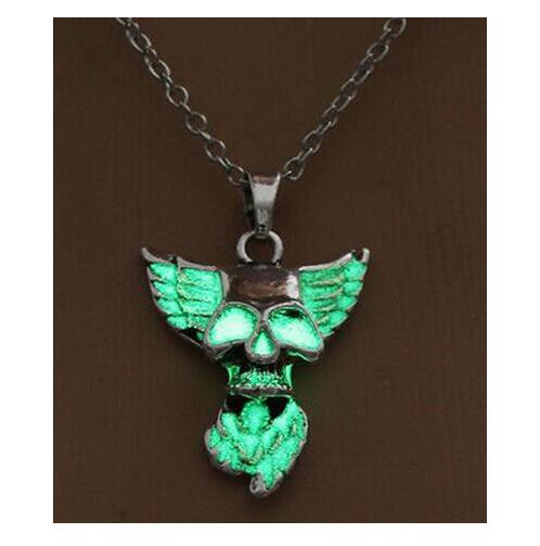 Heart Wing Punk Luminous Skull Pendant Necklace GLOW in the DARK Skull