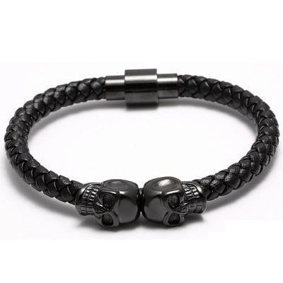 19/20cm Men Leather Jewelry Black Genuine Leather Gold Stainless Titanium Steel Double Skull Bracelet Bangles