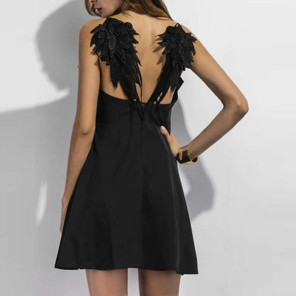 Summer Embroidery dress Femme Dark Angel Wings Gothic vestidos de festa Backless Black White Sexy Party Club dress xs
