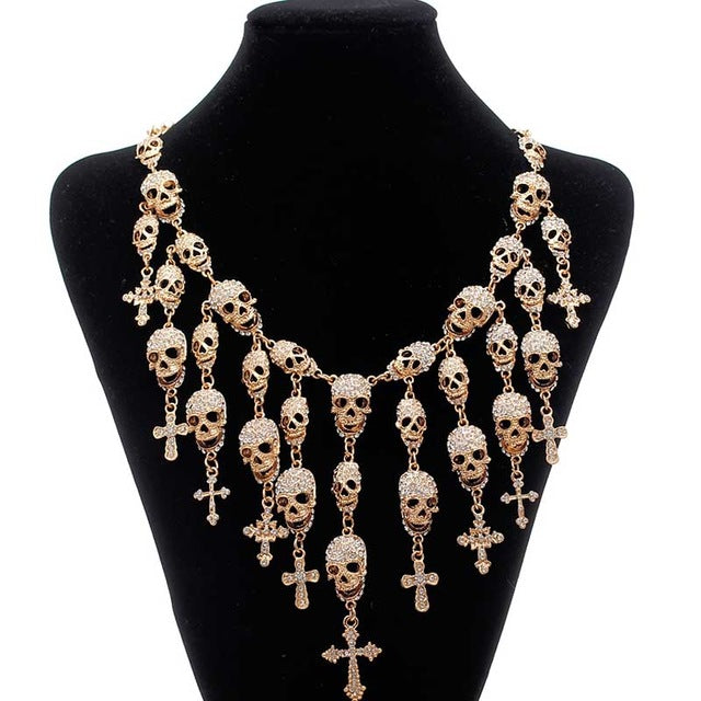 Newest Gorgeous Fashion  Necklace Skeleton skull Cross Jewelry crystal Department Statement Women Choker Necklaces Pendants