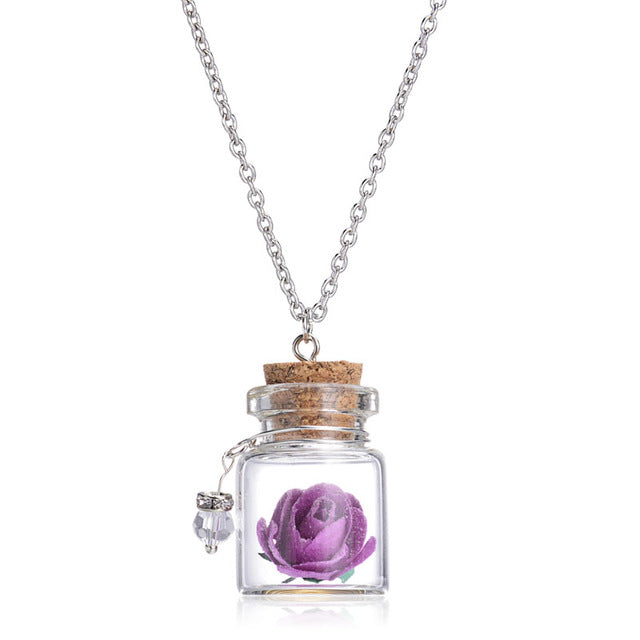 Romantic Luminous Glow In Dark Rose Flower Pendant Necklace Fluorescent Glass Wish Bottle Chain Choker Necklace Gift Jewelry