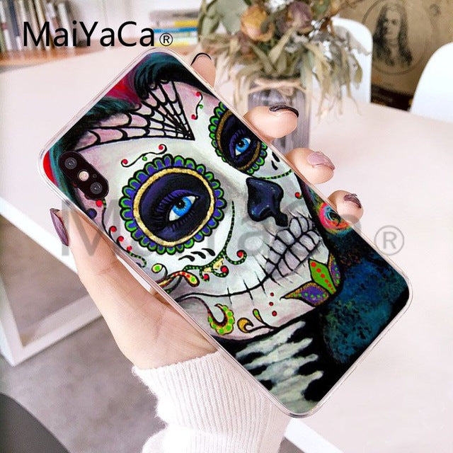 Funny Sugar Skull Girl Tattoo Transparent Shell Phone Case For iphone
