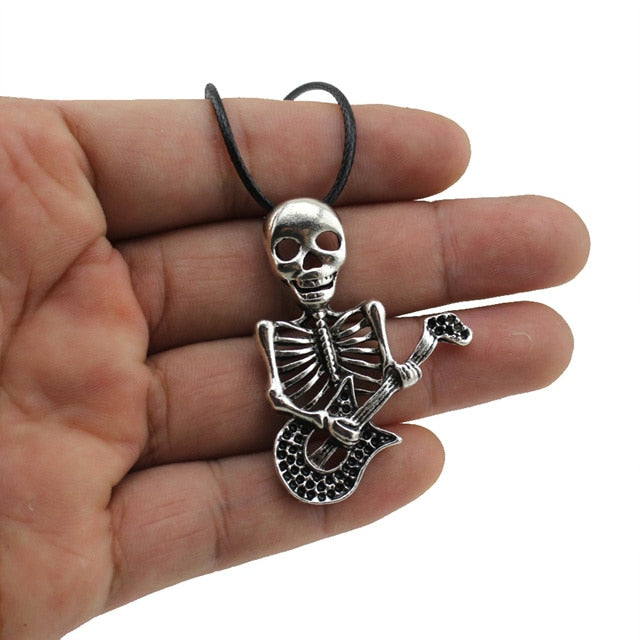 Women's Jewelry Vintage Silver Tone 1.8"X1.4" Play The Guitar Skull Pendant Short Necklace