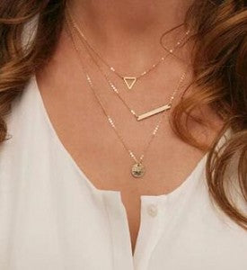 New Women Fashion Gold Color 3 Layers Chain Necklace Hollow Out Triangle Long Pendant Necklaces Jewelry Free shipping