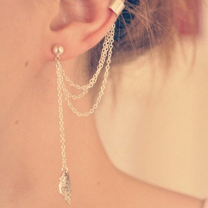Punk Rock Leaf Chain Tassel Dangle Ear Cuff Wrap Earring Gold Color earrings in jewelry 1 pcs