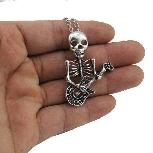 Women's Jewelry Vintage Silver Tone 1.8"X1.4" Play The Guitar Skull Pendant Short Necklace