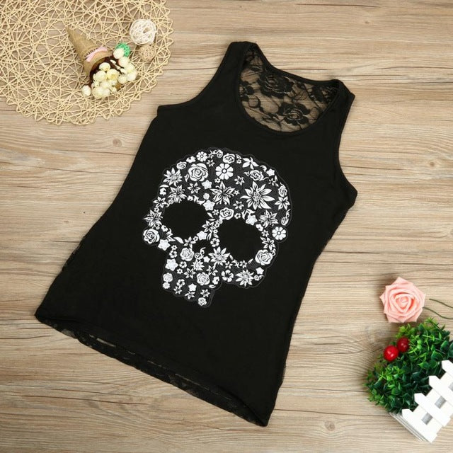 Plus Size Ladies Lace Patchworjk Print Skeleton Tops Women Summer Sexy Skull Print Sleeveless Vest 2017 Fashion Shirts