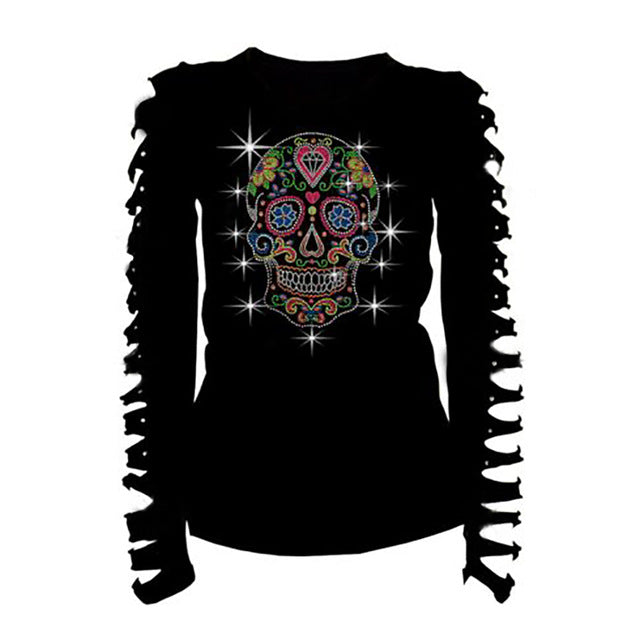 Colorful Skull Head Printed T-Shirt Beading Women Casual Long Hollow Sleeve Bandage Shirt Summer Hollow Out Women O Neck Tops