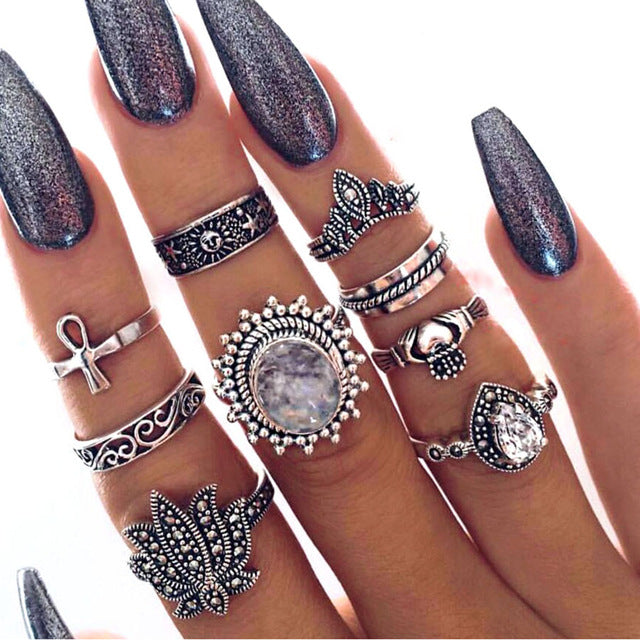 12pcs Ring Set Vintage Jewelry Crystal Statement V Design Knuckle Finger Ring Boho Turkish Female Anel Accessories 2018