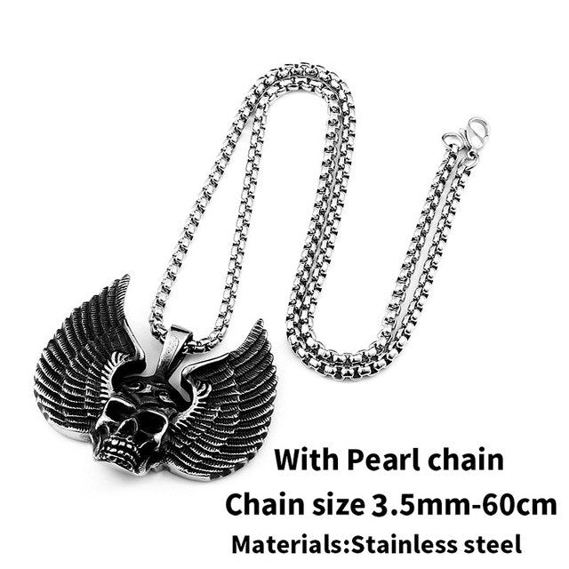 Stainless Steel Skull Pendant Necklace For Man Punk wing Jewelry good detail choker