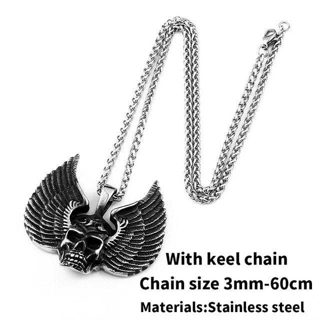 Stainless Steel Skull Pendant Necklace For Man Punk wing Jewelry good detail choker