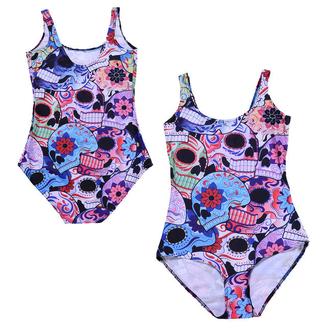 Floral Day Of The Dead Skulls Swimsuit One Piece Bodysuit Colorful Sugar