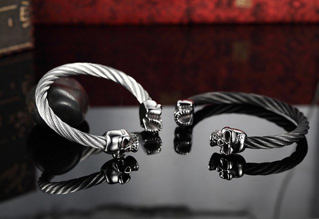 Punk Rock Stainless Steel Bracelet Men Antique Silver Gold Color Skull Bracelet Men Gothic Jewelry Open Bracelet&Bangles