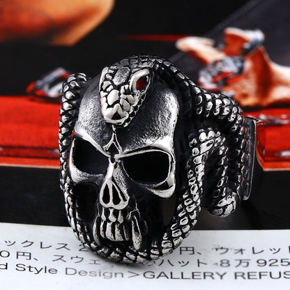 retro style stainless steel Vintage snake ring with red stone devil skull biker exquisite jewelry for man  BR8-440