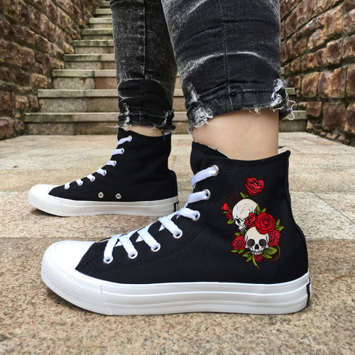 Original Design Skull Series Shoes Tattoo Totem Red Rose Flower Women Men's Casual Canvas Sneakers White Black High Tops