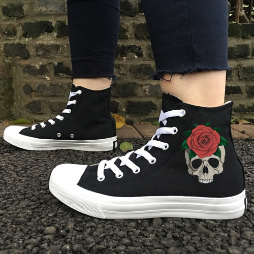 Original Design Skull Series Shoes Tattoo Totem Red Rose Flower Women Men's Casual Canvas Sneakers White Black High Tops