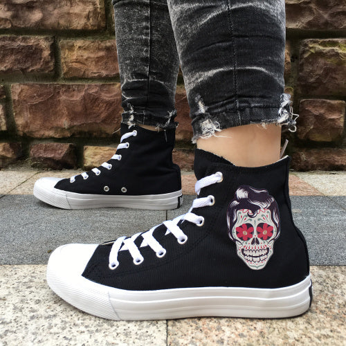 Original Design Skull Series Shoes Tattoo Totem Red Rose Flower Women Men's Casual Canvas Sneakers White Black High Tops