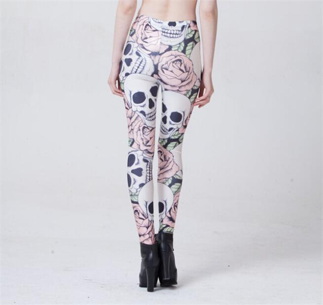 Hot New Fashion ROSE & SKULL Printed Female Fitness New Leggings Femininos Fashion Slim Elastic Pants Women Leggings