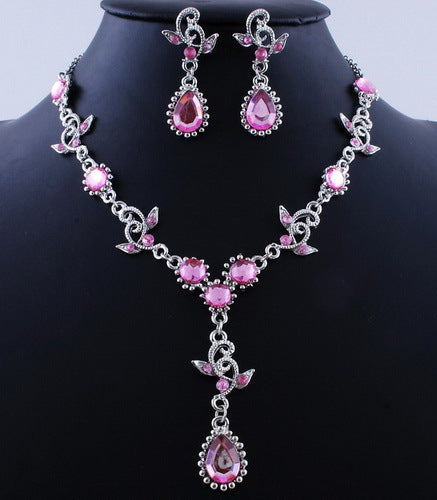 Pink Top Purple Crystal Vintage Jewelry Sets Necklace Earrings Bridal Wedding Engagement Jewelry Accessories Crystal Sets