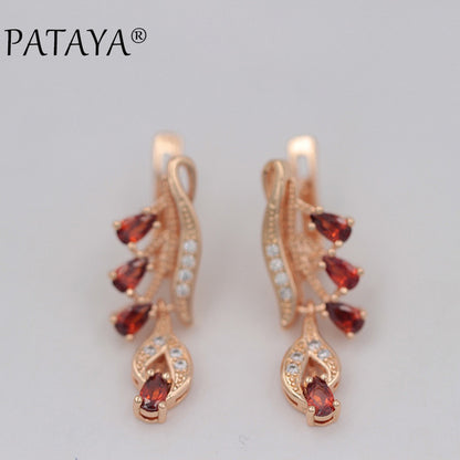 Rose Red Long Earrings 585 Rose Gold Natural Zirconia Leaf Design Screw Ear Clip Black Jewelry Women Dangle Earrings
