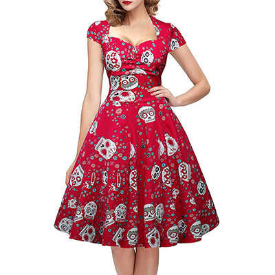 Skull Print Dress Women Vintage 50s 60s Square Collar Wrapped Chest Plus Size 4XL Swing Rockabilly Pin Up Dress