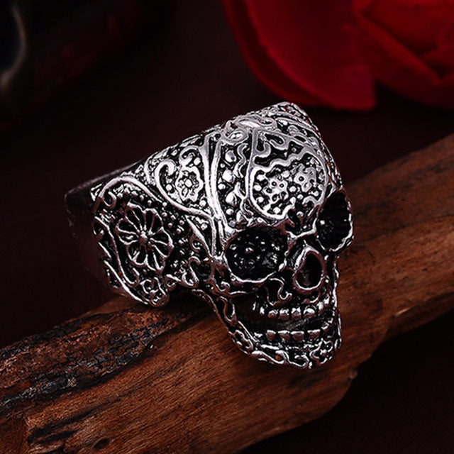 Punk Vintage Trend Men's Ring Gothic Men Skull Flower Biker Zinc Alloy Ring Man Fashion Rings Free Shipping sa977