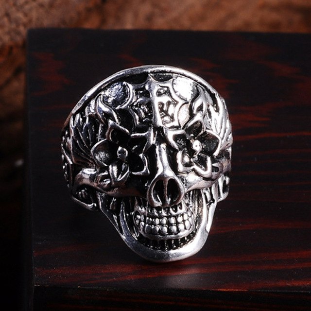 Punk Vintage Trend Men's Ring Gothic Men Skull Flower Biker Zinc Alloy Ring Man Fashion Rings Free Shipping sa977