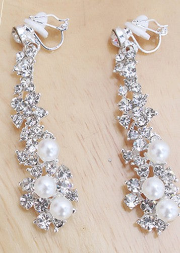 Bride Wedding Jewelry Luxury Full Rhinestone Crystal Clip On Earrings Long Simulated Pearl Earring Without Pierced Ear Clip