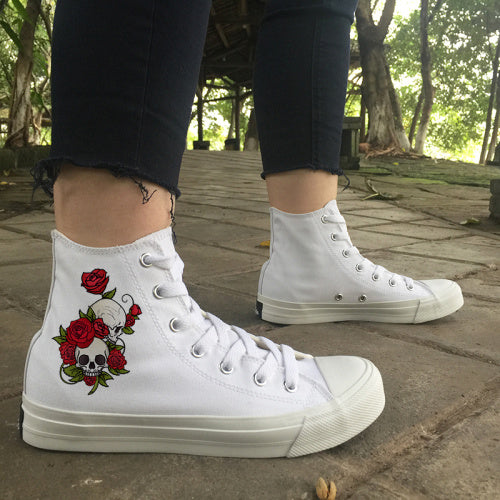 Original Design Skull Series Shoes Tattoo Totem Red Rose Flower Women Men's Casual Canvas Sneakers White Black High Tops