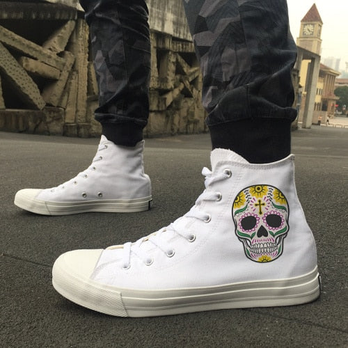 Original Design Skull Series Shoes Tattoo Totem Red Rose Flower Women Men's Casual Canvas Sneakers White Black High Tops