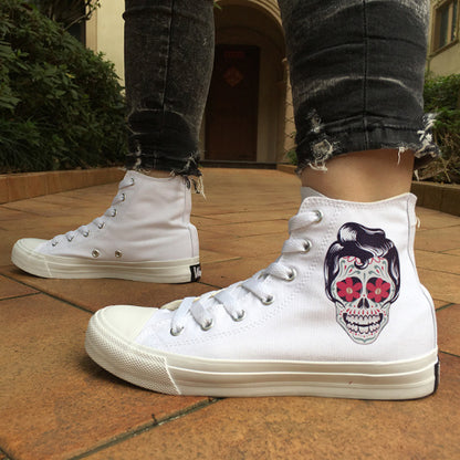 Original Design Skull Series Shoes Tattoo Totem Red Rose Flower Women Men's Casual Canvas Sneakers White Black High Tops