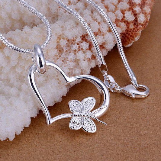 Silver plated pendant,925 fashion Silver jewelry butterfly heart pendants necklace for women/men +chain
