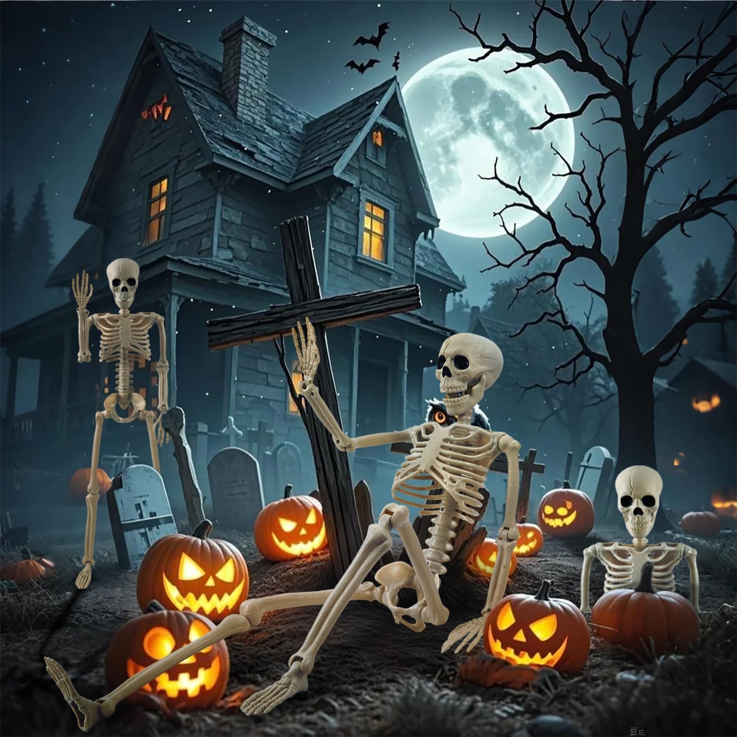 Posable Full Size Giant Skeleton Ideal Prop Decor for Graveyard, Haunted House, Yard, Patio, Lawn, & Spooky Party Props