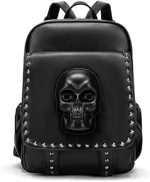 3D Gothic Skull Backpack for Women – Studded Punk Rock PU Leather Fashion Daypack with Hidden Anti-Theft Pocket, Fits A4 & 13” Laptop
