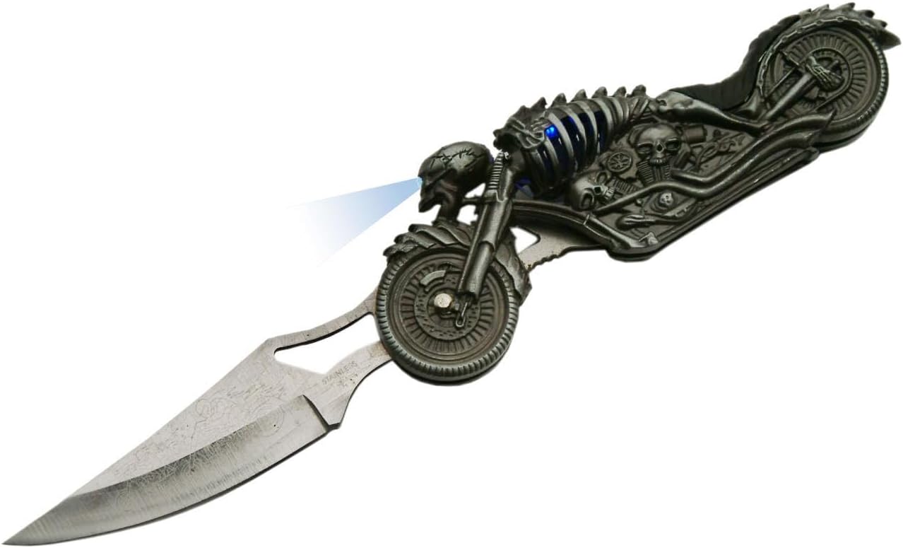Skull Rider Folding Knife – Folding Pocket Knife for Men with LED Light, Stainless Steel Blade, Skull & Bones Motorcycle Handle & Liner Lock – Tactical Cool Knife for Men