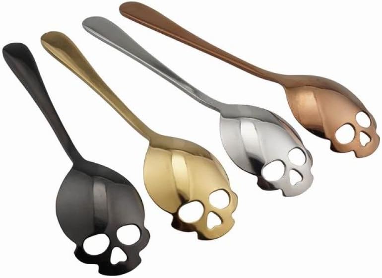 304 Stainless Steel Skull Sugar Spoon, Black, Set of 6