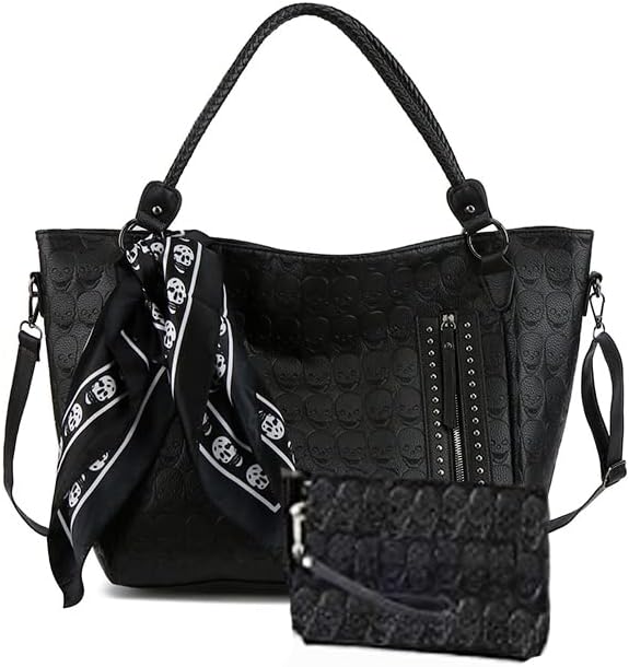 Women Skull Tote Bag Revit Studded Handbag Pu Leather Purse and Wallet Scarf 3Pcs Set